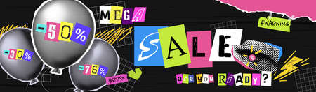 Discounts vector collage grunge banner. The halftone ballon on texture background. Crazy 50 percent off. Doodle elements on a retro poster. Stylish modern advertising poster designのイラスト素材
