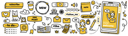 Modern doodle stickers for social media. Vector collection. Cutest patch set. Sketch cute icons in yellow and black colours on white backgroundのイラスト素材