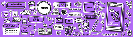 Modern doodle stickers for social media. Vector collection. Cutest patch set. Sketch cute icons in violet and black and white colours.のイラスト素材