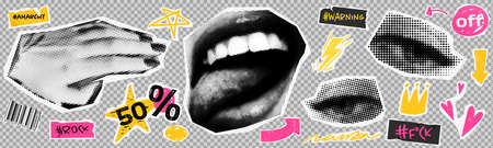 Collage element with hand and eyes and mouth with tongue and doodle element. Vintage vector set.のイラスト素材