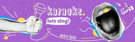 Karaoke banner with grunge collage element. Halftone hand with microphone and mouth. Vector ads template.のイラスト素材