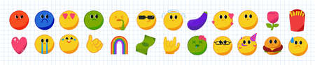 Contemporary emoji collection. A set with vector grunge faces and objectsのイラスト素材