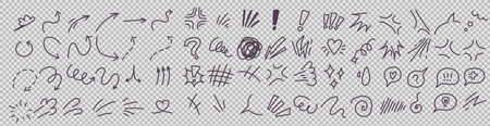 Anime manga hand drawn effect set. Collection of arrows and speech bubble. A transparent background. A vector illustration. Doodle anime icons.のイラスト素材