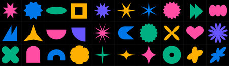 Geometric figures in the style of brutalism. Trendy geometry. Crowns and stars and daisy flowers....