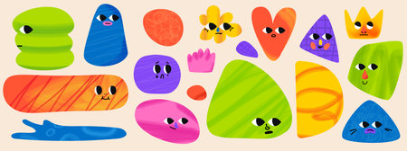 Trendy geometric shapes with faces. Soft gradients and textures. Triangle and heart and crown shapes. Pastel pencil and marker texture. Vector collection of pack elementsのイラスト素材