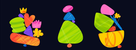Trendy geometric shapes balances. A zen compositions. Soft gradients and textures. Triangle and heart and crown shapes. Pastel pencil and marker texture. Vector collection of pack poster elementsのイラスト素材
