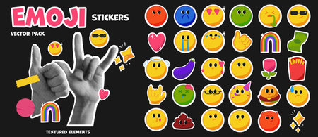 Contemporary emoji for collage. A set with vector grunge faces and objects. Pack with punk hands in halftone trendy.のイラスト素材