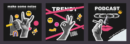 Trending covers for the podcast. With collage and hand-cut halftone style. Stickers with emoji and torn paper. Vector illustration banner.のイラスト素材