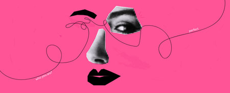 A collage of paper and cut out elements. Eyes nose and lips and eyebrows. Halftone effect banner for beauty salon and advertising beauty treatments. Vector punk illustration, coverのイラスト素材