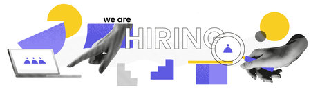 We are Hiring banner. Hands in collage style. Hr looking for employees online in laptop. Abstract background about work. Hand with magnifying glass. Vector illustration.のイラスト素材