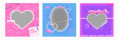 A pack of heart-shaped y2k frames. Vector illustration for social media photo. Metal chain and pearls and soft aura glow. Korean style banner design.のイラスト素材