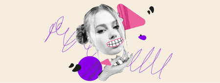 Cute collage with a face and hand in a halftone style. Punk banner with abstract illustration. Geometric shapes and doodles. Depression-themed concept and fake smile.のイラスト素材