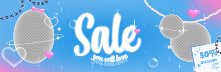 A banner with y2k frames. Vector illustration for social media photo. Metal chain and pearls and soft aura glow. Korean style banner design.のイラスト素材