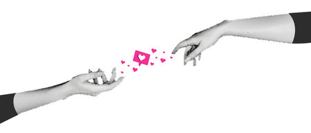 Vector collage grunge banner. The long distance relationship. Two hands in halftone style. f Doodle elements on retro posterのイラスト素材