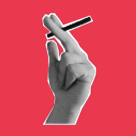 Collage hand with halftone effect. Cut out paper. Hand holding a cigarette. Man smoking. Vector modern illustrationのイラスト素材