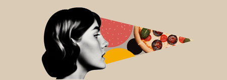 Collage with girl and pizza and abstract figures with texture. Journal minimalist illustration. Stylish composition with circles and halftone effect. Vector banner.のイラスト素材