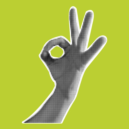 Collage hand with halftone effect. Cut out paper. Hand holds c gesture ok. Vector modern illustrationのイラスト素材