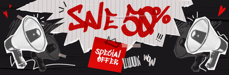 Vector collage grunge banner. 3d Loudspeaker announcing crazy promotions. Doodle elements on retro poster. Stylish modern advertising poster design with space for text.のイラスト素材