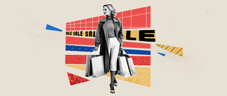 Geometric composition on the theme of shopping. Paper collage style with different textures. In the center is a happy woman with Halfton-style shopping bags. Vector illustration. Contemporary bannerのイラスト素材