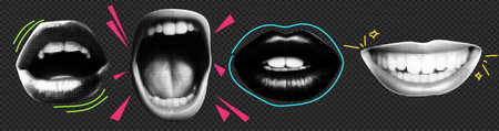 Collage element with mouth with tongue and doodle element. Vintage vector set. Retro halftone effect.のイラスト素材