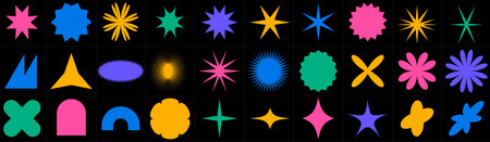 Geometric figures in the style of brutalism. Trendy geometry. Crowns and stars and daisy flowers. Set with different shapes.のイラスト素材