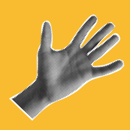 Collage hand with halftone effect. Cut out paper. Hand holds c gesture high five. Vector modern illustration.のイラスト素材