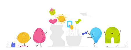 Banner on the theme of corporate bonuses and payments. Bright modern cartoon characters. A team of abstract texrured figures with joyful faces working together. Vector contemporary illustration.のイラスト素材