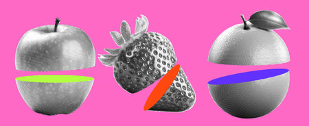 Abstract Halftone-style fruit, in black and white colors. Fruit cut in half with a bright middle. Vector pack of elements for magazine collages. Stylish set of objects isolated on pink backgroundのイラスト素材