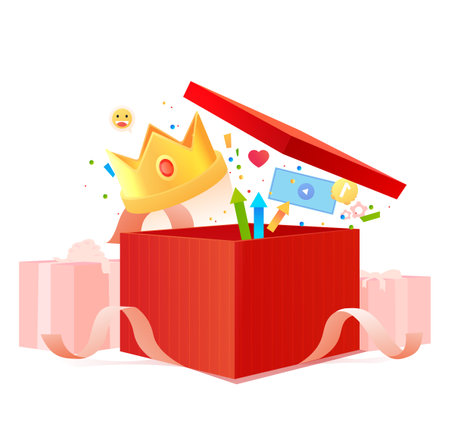 Red gift box with ribbon. Bonuses money with earn points for the loyalty program. Vector illustration. Birthday concept. Surprise present.のイラスト素材