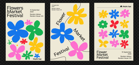 Set of modern colors and flyers with them. Contemporary poster designs with a spring and festival theme. Paper-cut daisies. Vector minimalist collage.のイラスト素材