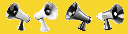 Loudspeakers for collage. Pack of megaphones on yellow background. Vector halftone illustration with elements of a doodle. Grunge punk set. Lightning blah linesのイラスト素材