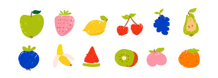 Cute trendy fruits and berries, drawn with marker, in the style of a childs drawing. A pack of texture vector elements. Bright childrens illustrations.の写真素材