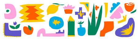 A pack of cut-out abstract shapes. Bright geometric forms in a naive style. On a transparent background as png. Vector illustration with texture. Lemon, aplle, rose and irregular organic shapesのイラスト素材