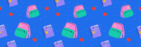 A contemporary seamless pattern with a Back to School theme. Blue background with doodles and backpack, notebook and apples. Trendy vector illustration. Banner for student.のイラスト素材