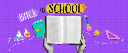 Back to school. Halftone-style vector contemporary collage with cut-out hands with an open book and stickers and doodles. Checkered banner, punk trendy illustrations.のイラスト素材