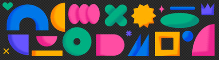 A set of brutalist style elements, on a transparent background as png. Vibrant geometric shapes with noise texture for a 3d effect. Vector trendy illustrationのイラスト素材