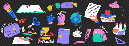 A set of modern back-to-school-themed stickers. Motivational phrases for the diary. Bright, contemporary illustration. Pack of trendy vectors.のイラスト素材
