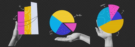 Vector illustration with hands and graphics. Halftone collage in vibrant colours. Hand with a circular diagram with textures and doodles. Contemporary transparent backgroundのイラスト素材