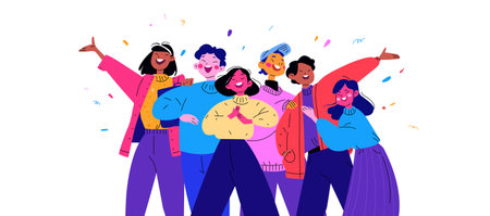 A company of multicultural colleagues. A happy team of friends. Bright colors in on-trend illustration. Flat with the black line. Entrepreneurs standing in cajoling clothes.のイラスト素材