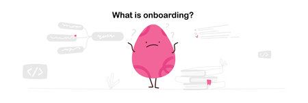 Banner what is onboarding. Illustration with funny characters - geometric shapes. Books and graphs and speech bubbles . Vector business illustration.のイラスト素材