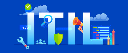 ITIL vector banner. Text with clouds and tools.のイラスト素材