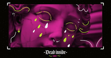 Engraved banner with an antique statue. A bright and contemporary design for a flyer or banner or poster. Print for a teenage t-shirt. Vector vintage illustration. Dead inside. acid colorsのイラスト素材
