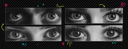 Set of vector female eyes as if png elements cut out of a magazine. Vibrant acid trend colors on transparent background. Emotional eye for collage. Vector illustration.のイラスト素材
