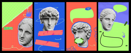 Statue Storis Templates. Vector vibrant designs with different textures and collage. Trendy illustrations for social networksのイラスト素材