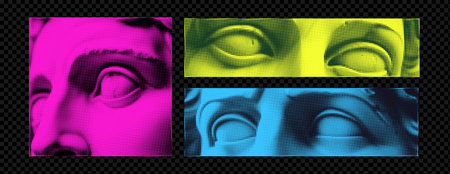 Set of cut out eyes of statues for collages. Modern elements for design. Antique eyes on transparent background. Trendy vector illustration. Halfton effect in bright vibrant and acid colors.のイラスト素材