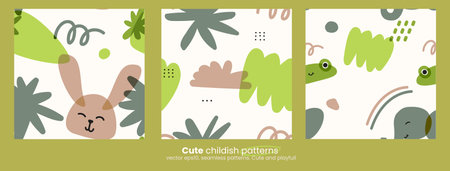 Set of trendy childrens patterns with animals. and natural objects. Bright colors with an overlay. Drawing with marker or riso print. Vector contemporary illustration in green and beige colors.のイラスト素材