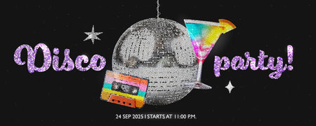 80s disco party. Banner design in collage style with dot effect elements. And lettering with glitter. Vector trendy illustrationのイラスト素材