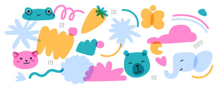A set of trendy childrens items with animals. and natural objects. Bright colors with an overlay. Drawing with marker or riso print. Vector contemporary illustration.のイラスト素材