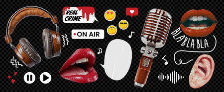 A grunge set of collage elements on the theme of a true-crime podcast. Speech bubble, ear and lips....