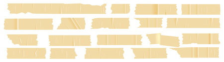 A set of plastic beige pieces of torn scotch tape. Trendy elements for designs with realistic texture. Vector patches on white backgroundのイラスト素材